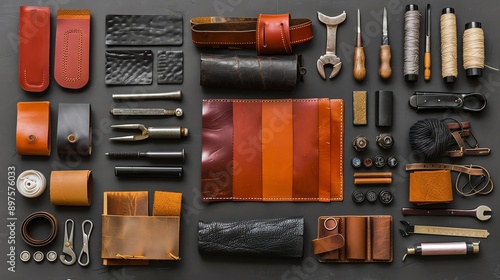 Top view of leatherworking tools and materials. photo