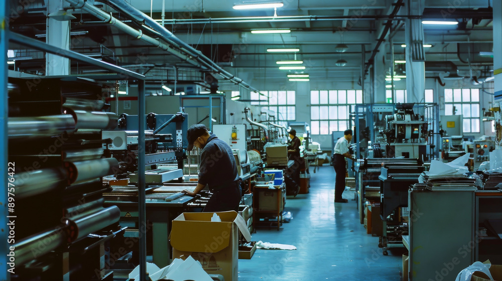 Industrial workspace with workers operating machinery, amidst shelves and equipment, reflecting the buzz of production and teamwork. Industrial workspace with workers operating machinery, amidst shelves and equipment, reflecting the buzz of production and teamwork.
