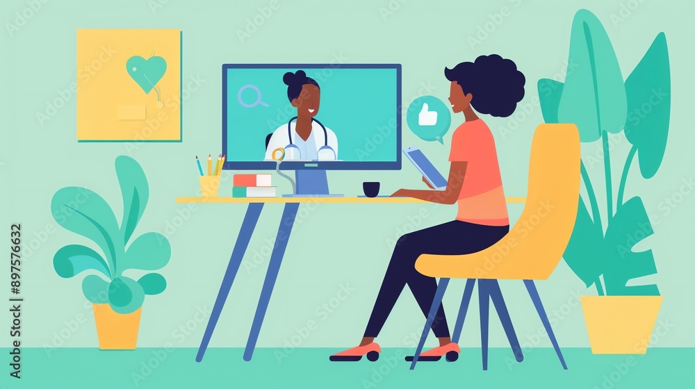 A young woman is sitting at her desk and talking to her doctor via video chat. She is smiling and holding a tablet in her hands. A young woman is sitting at her desk and talking to her doctor via video chat. She is smiling and holding a tablet in her hands.