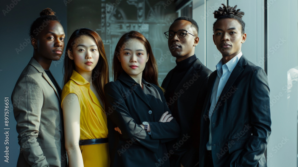 A professional group stands confidently in semi-formal attire, with determined expressions, highlighting strength and ambition. A professional group stands confidently in semi-formal attire, with determined expressions, highlighting strength and ambition.