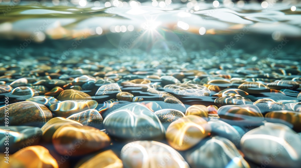 Obraz premium A gentle stream with glowing, multicolored pebbles beneath the clear water, reflecting the sunlight, high-resolution photo, realistic photo, hyper realistic