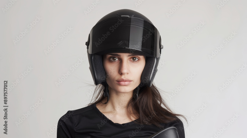 A serious-looking woman wearing a black helmet and motorcycle gear, posing against a plain background. A serious-looking woman wearing a black helmet and motorcycle gear, posing against a plain background.