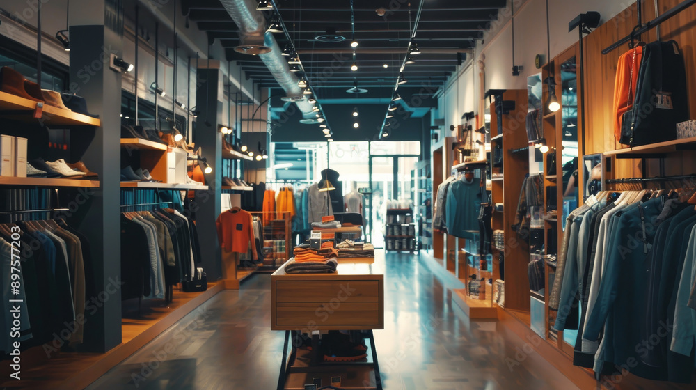 A trendy clothing store with modern decor, neatly organized racks, and a welcoming ambiance under warm lights. A trendy clothing store with modern decor, neatly organized racks, and a welcoming ambiance under warm lights.