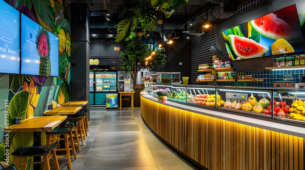 Fototapeta premium Modern Tropical Fruit Bar Interior with Display Case of Fresh Produce