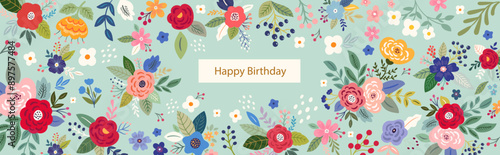 Happy Birthday banner. Beautiful romantic flower background with roses, leaves, floral bouquets, flower compositions.