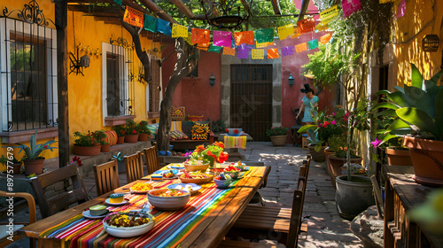 mesa mexicana decorada estilo mexicano con elementos decorativos mexicanos con papel picado de colores sarape patio de una casa de pueblo pintoresca photo