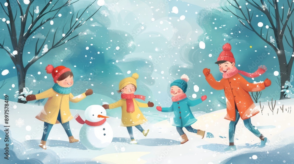 Illustration of Family playing in the snow on a winter day Illustration of Family playing in the snow on a winter day
