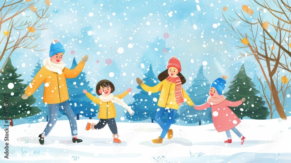Illustration of Family playing in the snow on a winter day Illustration of Family playing in the snow on a winter day