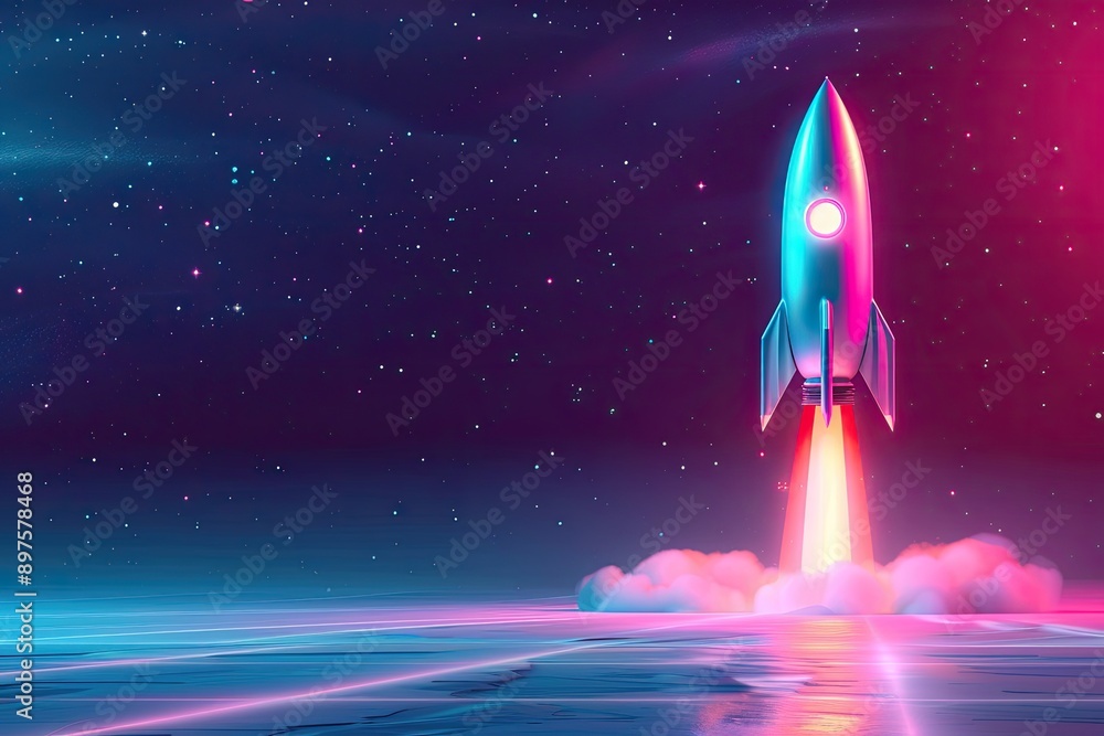 Illustration of a rocket taking off, symbolizing a product launch with a futuristic design Illustration of a rocket taking off, symbolizing a product launch with a futuristic design