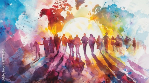 Fototapeta Naklejka Na Ścianę i Meble -  A vibrant watercolor painting depicting a diverse group of people walking towards a bright future, symbolized by a glowing sun and a world map, representing global unity and hope.