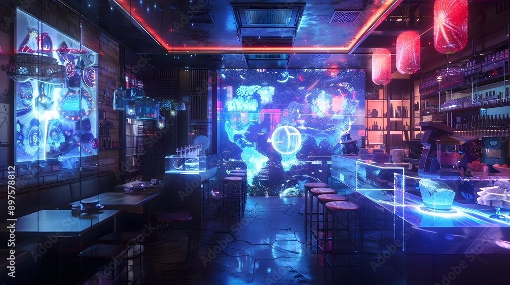 An avant-garde breakfast cafe with shifting holographic breakfast menus and bioluminescent morning dishes, starting the day right style An avant-garde breakfast cafe with shifting holographic breakfast menus and bioluminescent morning dishes, starting the day right style