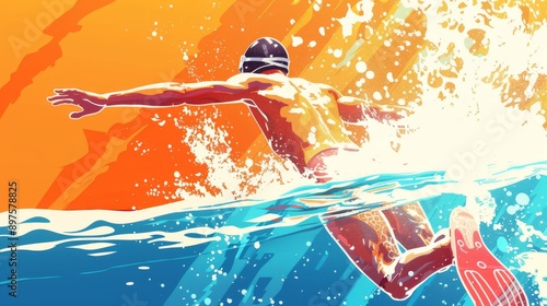 Illustration of Swimmer diving into the pool, water splashing, competitive race photo