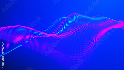 Futuristic dot wave. Abstract digital particle wave. Technology background. Colored musical wave. Dark background. Digital background with smooth, wavy curves. 3D rendering