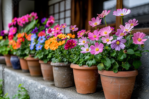 Wallpaper Mural Bright multi-colored flowers in clay pots decorating a gray stone city Torontodigital.ca
