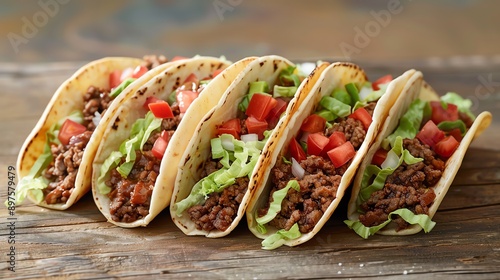 A close-up image of a row of five tacos with ground beef, lettuce, tomato, and onion. The tacos are on a wooden table. The background is out of focus. photo