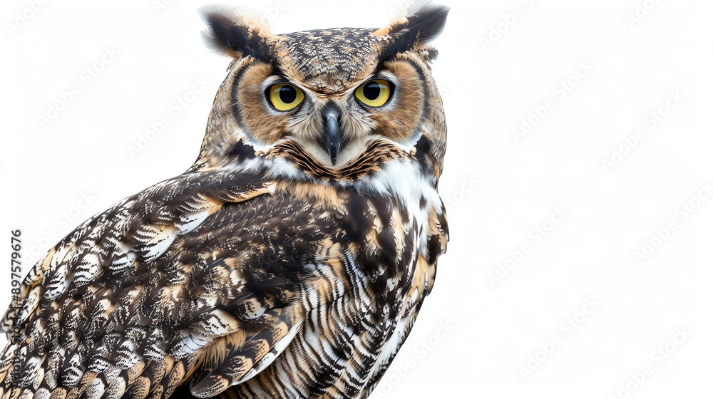 A close-up of an owl with a white background. The owl is looking at the camera with its big, yellow eyes. A close-up of an owl with a white background. The owl is looking at the camera with its big, yellow eyes.