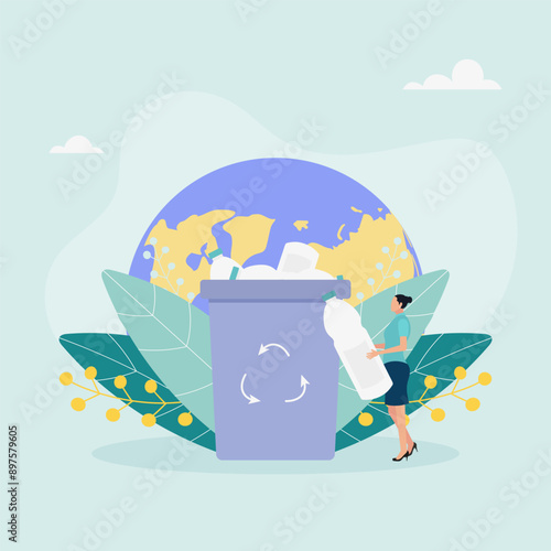 The character sorts garbage into containers for recycling and reuse. Garbage recycling. Zero waste concept. Vector illustration.	