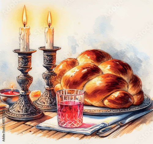  Shabbat, two candles, challah, glass of grape juice - watercoloror2