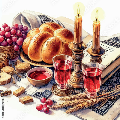 Shabbat Still Life – Two Candles, Challah Bread, Grape Juice Glasses, White Background, Watercolor Illustration