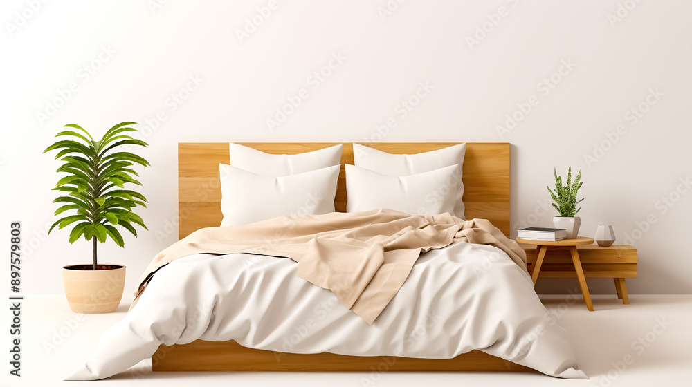 Simple and minimalist bedroom interior with bed against white wall and bedding. Simple and minimalist bedroom interior with bed against white wall and bedding.