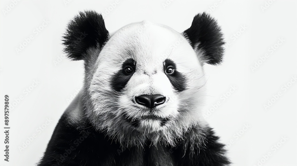 A close up of a panda bear's face. The panda is looking at the camera with its big, round eyes. Its fur is black and white, and its nose is pink. A close up of a panda bear's face. The panda is looking at the camera with its big, round eyes. Its fur is black and white, and its nose is pink.