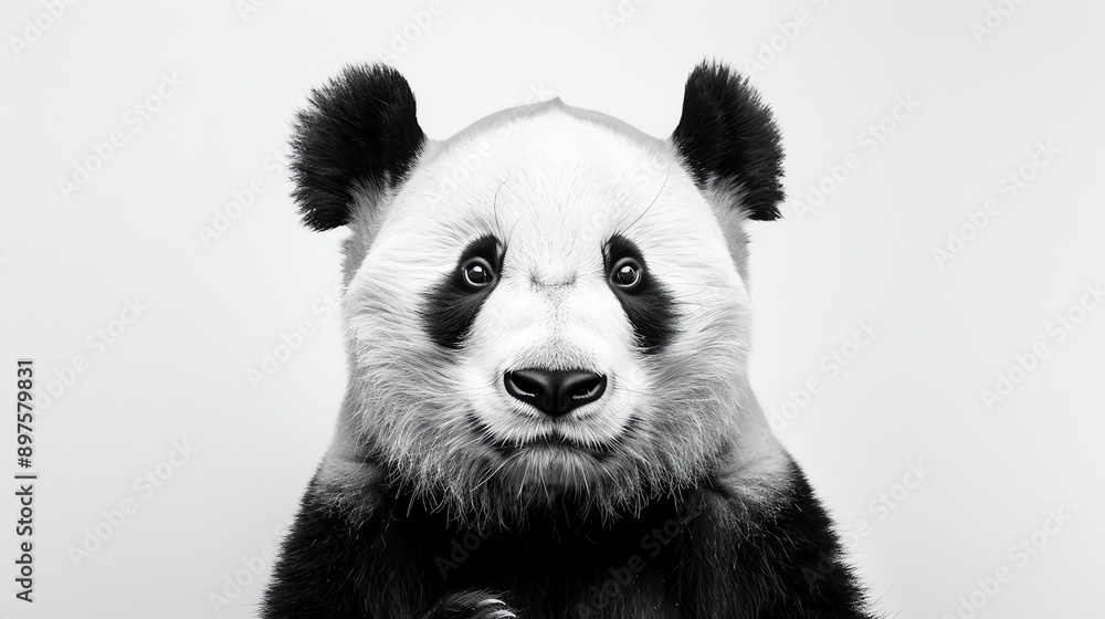 Fototapeta premium A cute panda bear with big black eyes is looking at the camera. The panda has a black and white fur coat.