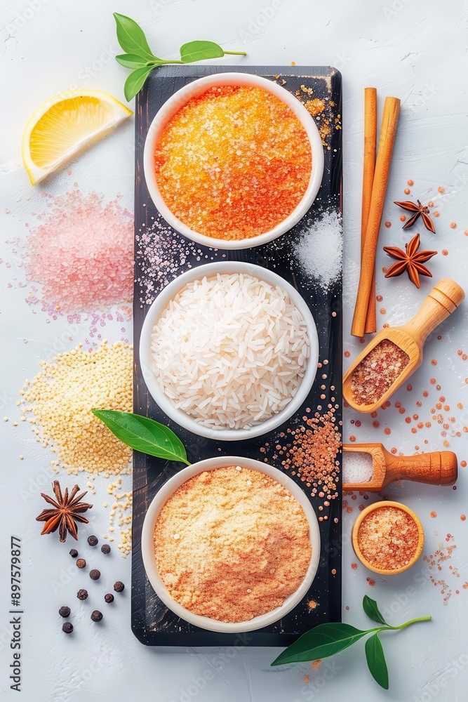 Bowls of assorted grains and spices, including rice and quinoa, arranged with lemon and star anise on a white background. Bowls of assorted grains and spices, including rice and quinoa, arranged with lemon and star anise on a white background.