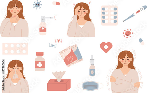 Symptoms of flu disease.Young girl with a set of medicines and treatments.People with cold or flu. Flat vector illustration