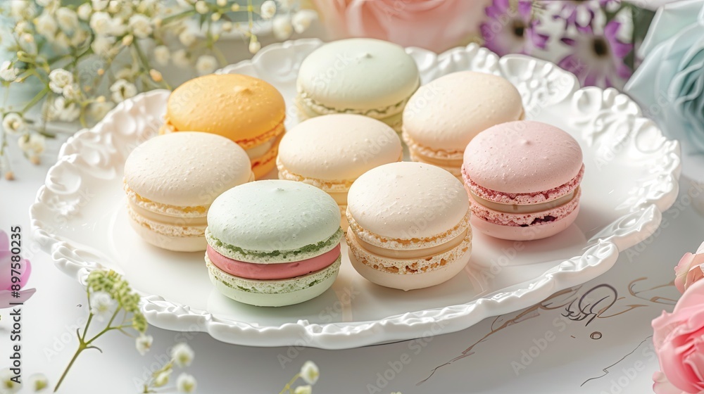 Obraz premium A delicate plate of French macarons in various pastel colors, arranged neatly on a white porcelain dish with a background of fresh flowers