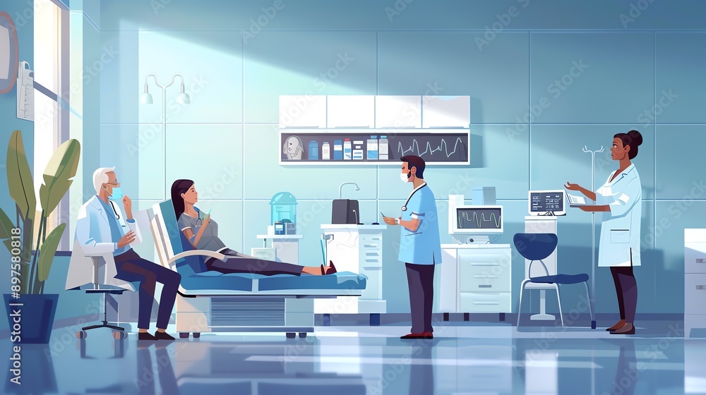 A group of doctors are gathered around a patient's bed. The patient is lying in a hospital bed, looking at the doctors. A group of doctors are gathered around a patient's bed. The patient is lying in a hospital bed, looking at the doctors.