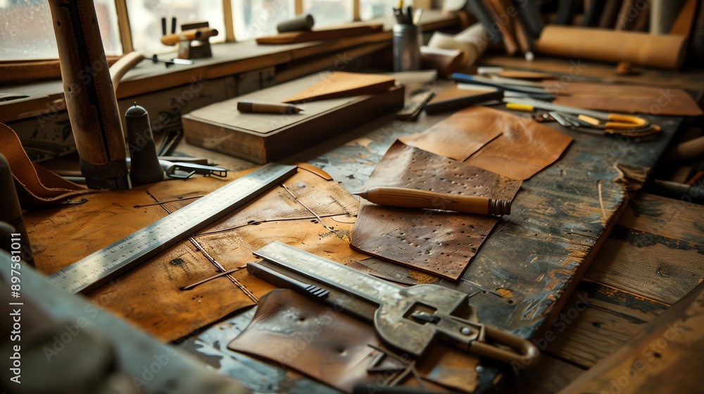 Rustic leather workshop with a variety of tools and materials. The warm tones of the leather and wood create a cozy and inviting atmosphere. Rustic leather workshop with a variety of tools and materials. The warm tones of the leather and wood create a cozy and inviting atmosphere.