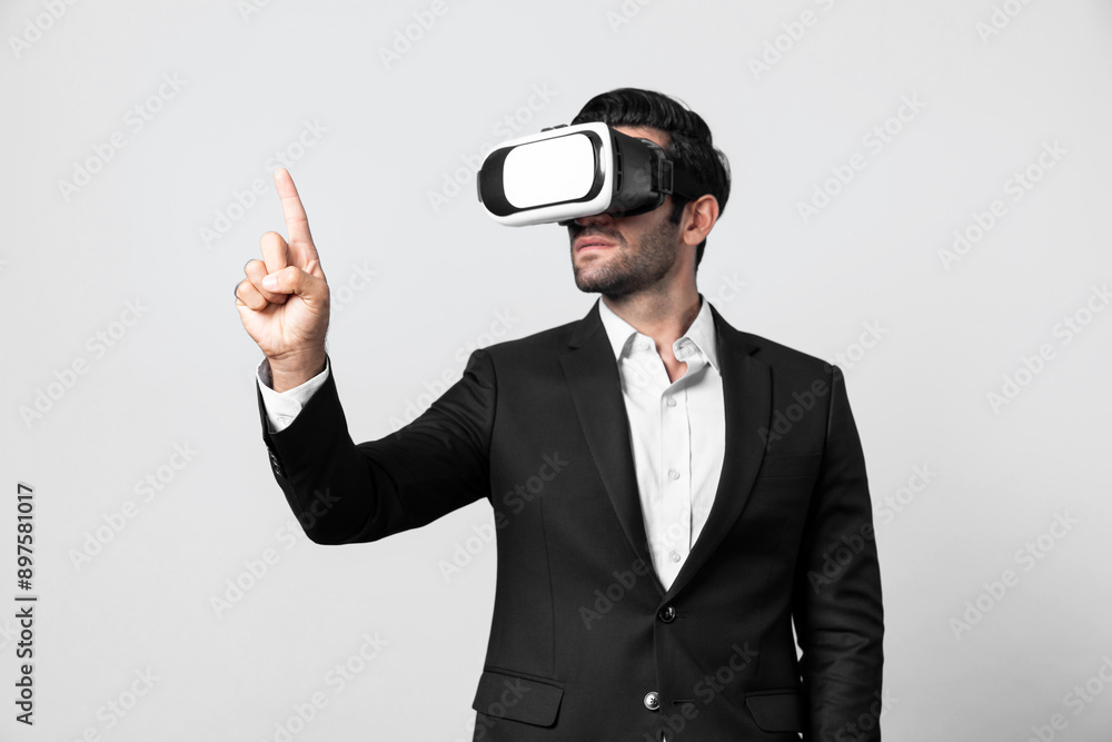 Project manager with virtual reality glasses looking at data analysis while analyzing and pointing data. Skilled business man using VR goggle and digital innovation while enter metaverse. Deviation. Project manager with virtual reality glasses looking at data analysis while analyzing and pointing data. Skilled business man using VR goggle and digital innovation while enter metaverse. Deviation.