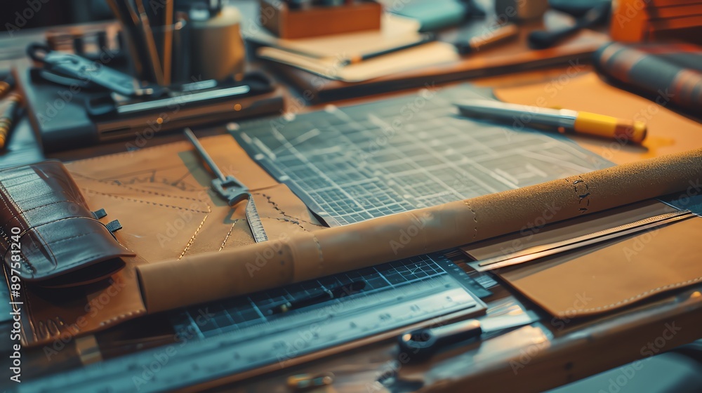 Close-up of a leatherworker's desk with various tools and materials. Close-up of a leatherworker's desk with various tools and materials.