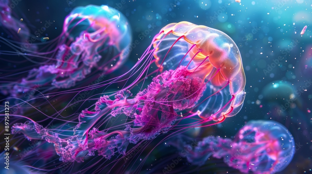 Colorful jellyfish floating underwater with glowing tentacles Colorful jellyfish floating underwater with glowing tentacles