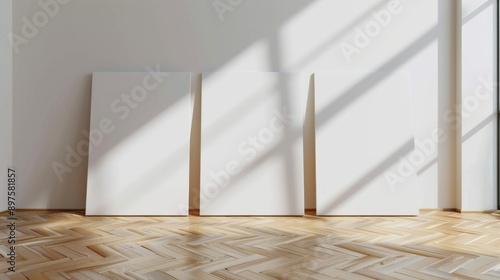 Three blank canvases leaning against a white wall, bathed in soft sunlight, showcasing their clean surface for design inspiration. The wooden floor adds a touch of warmth and texture, creating a minim
