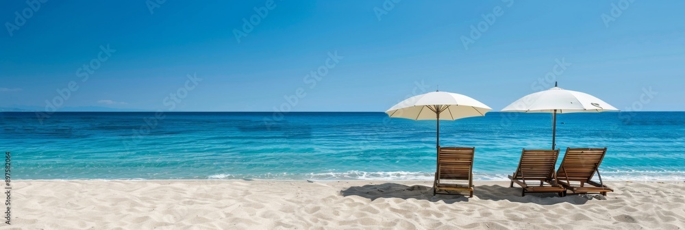 Obraz premium Two lounge chairs with umbrellas on a pristine sandy beach, inviting relaxation and tranquility, symbolizing summer, vacation, getaway, escape, and leisure.