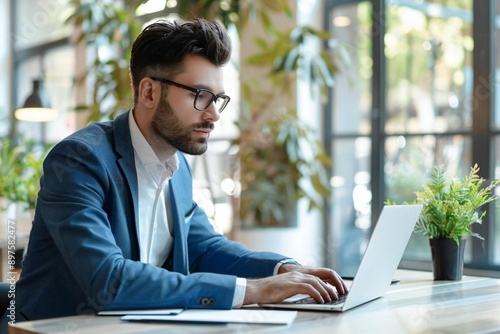 The beautiful businessman is working on his laptop in the office, sitting at his desk with perfect posture.