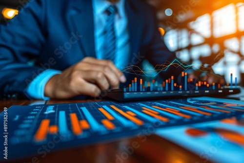 Close-up of a beautiful businessman analyzing a business graph on a computer in the office. © Yuliia