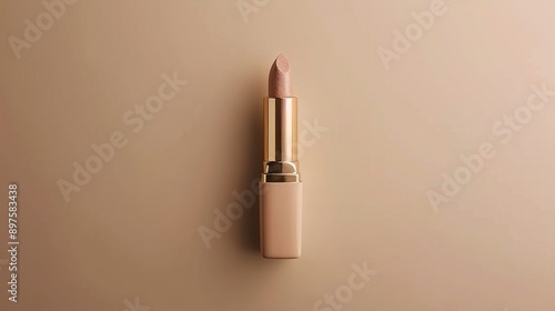 A classic lipstick bullet with a satin finish, positioned against a backdrop of creamy beige, offering understated elegance and versatility for everyday wear.