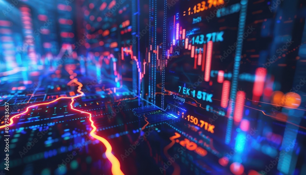 Illuminated lightning patterns representing global stock market data flow on a high-tech background. Illuminated lightning patterns representing global stock market data flow on a high-tech background.