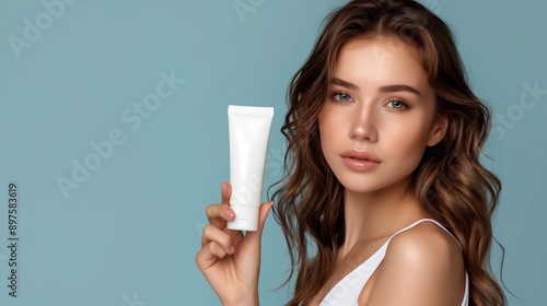 A beautiful woman holding a white tube of cream mockup with a blue background