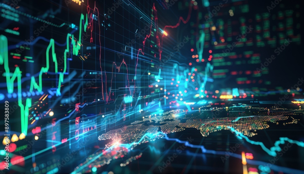 Illuminated lightning patterns representing global stock market data flow on a high-tech background. Illuminated lightning patterns representing global stock market data flow on a high-tech background.