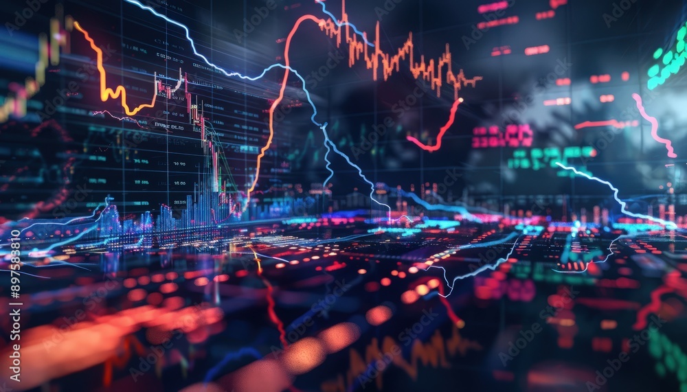 Illuminated lightning patterns representing global stock market data flow on a high-tech background. Illuminated lightning patterns representing global stock market data flow on a high-tech background.