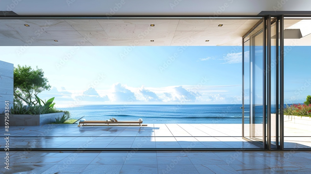 A contemporary bifold door with glass panels, set against a backdrop of panoramic ocean views, seamlessly merging indoor and outdoor living spaces.