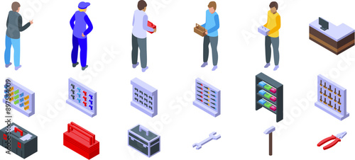 Man buy toolbox icons set. Customers and workers are choosing tools in a hardware store with an assortment of products