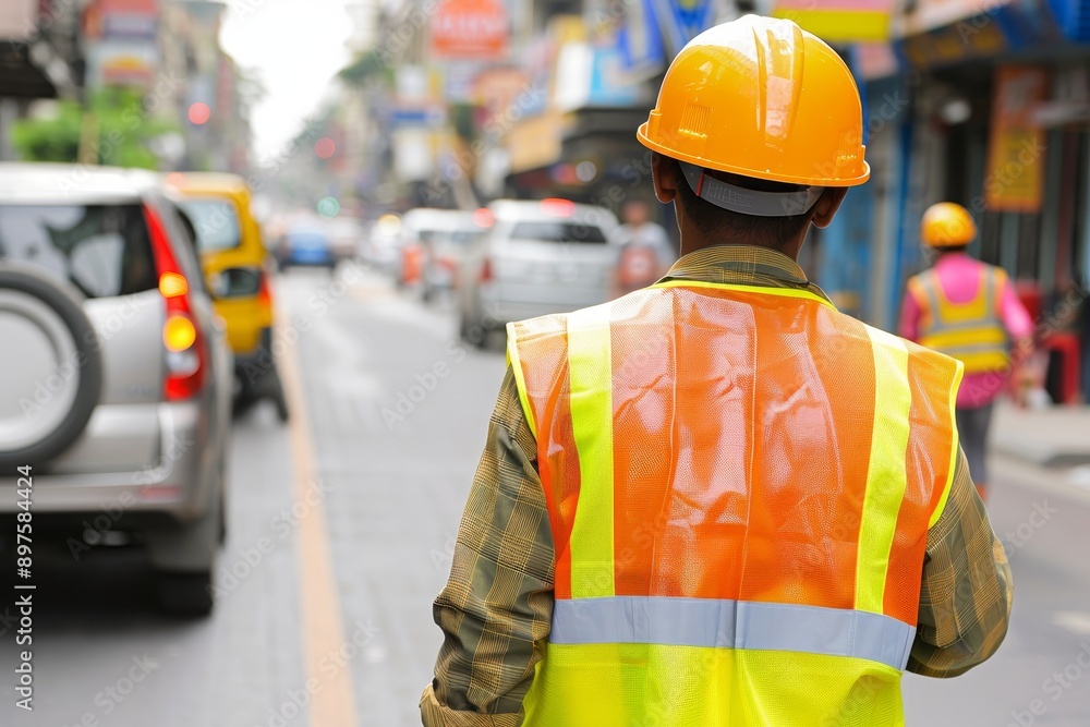 Construction worker in hard hat and safety vest at city highway repair site during road maintenance Construction worker in hard hat and safety vest at city highway repair site during road maintenance