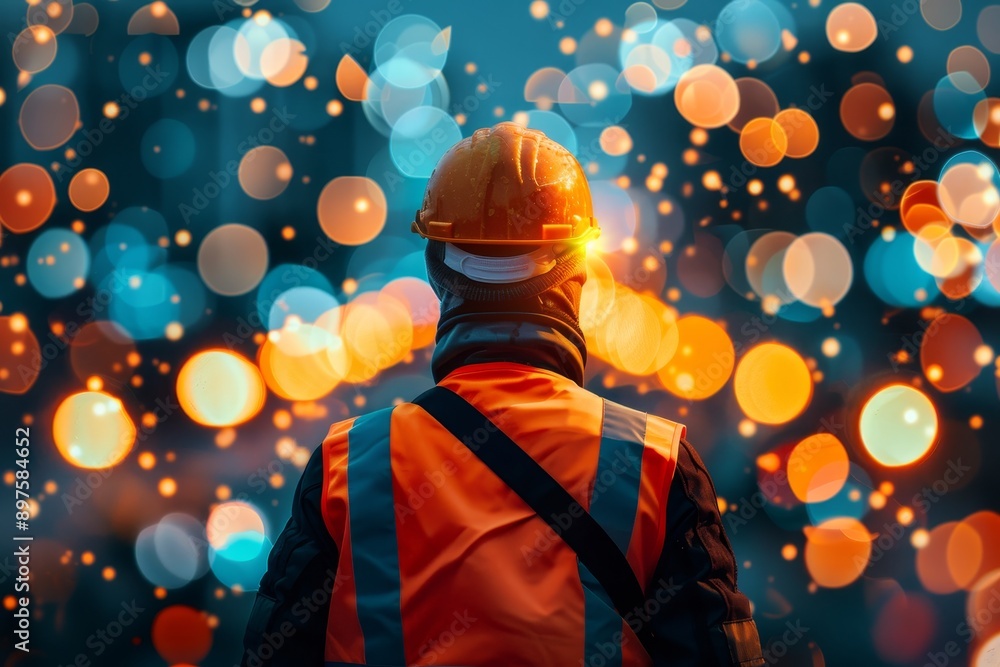 Construction worker in hard hat and safety vest at city highway repair site during road maintenance Construction worker in hard hat and safety vest at city highway repair site during road maintenance