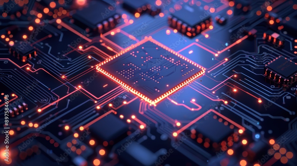 Close-up of a glowing microchip on a circuit board, illustrating modern technology and electronic components in a futuristic style. Close-up of a glowing microchip on a circuit board, illustrating modern technology and electronic components in a futuristic style.