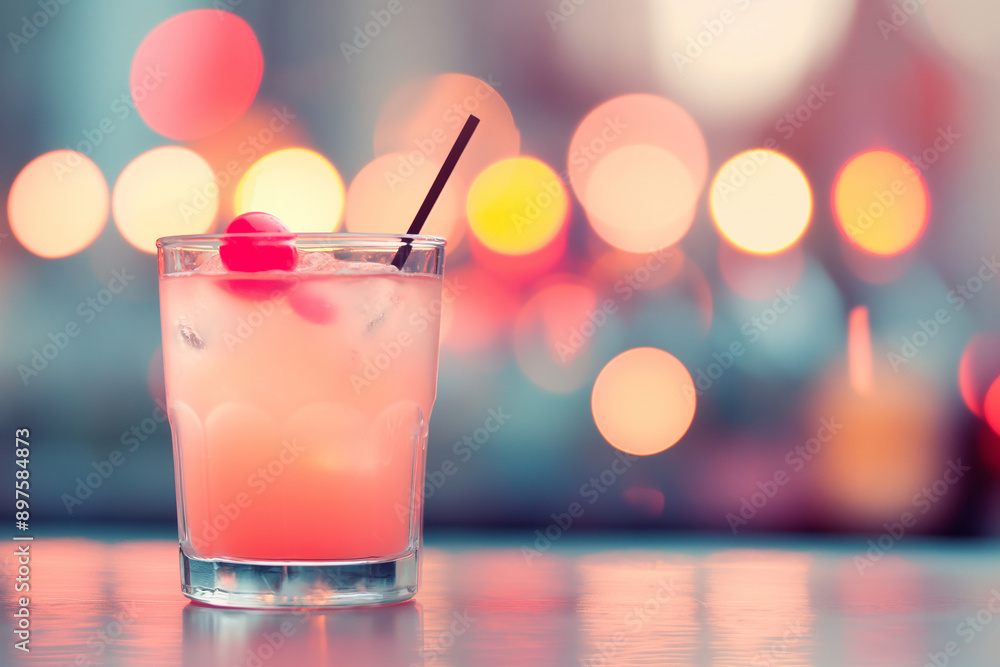 Pink cocktail in glass with straw on blurred city background. Bar and beverage concept. Image for menu, poster, and social media. Banner with copy space. Pink cocktail in glass with straw on blurred city background. Bar and beverage concept. Image for menu, poster, and social media. Banner with copy space.