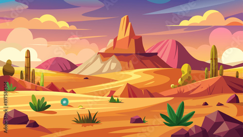 Vector sunset landscape with desert mountains and orange sky